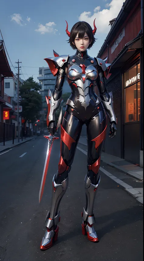 (Demon God Mecha, 3D Rendering), Background Road Center, Clear HD, 8K resolution, Very detailed, Digital Painting, Concept art, Shinkai Makoto style, Pop prevalence trend, Pop, Pixiv Pop Trend. Holding a sword、