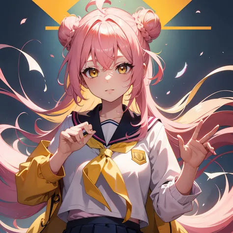 Yellow eyes, pink hair with buns, school uniform, kitsune features