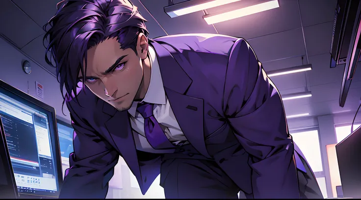 trustworthy man, purple suit, detailed, expressive eyes, confident expression, office, professional lighting, vivid colors, high resolution, sharp focus, masterpiece, dramatic atmosphere,