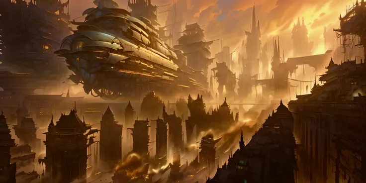 there is a large building with a boat in the middle of it, golden steampunk city atmosphere, inspired by Marc Simonetti, steampunk airships fly overhead, airship in steampunk, karl spitzweg. unreal engine, inspired by Carl Spitzweg, very far royal steampun...