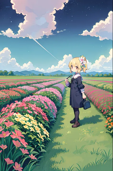 There is a girl standing in a flower field and looking up at the sky, Girl Standing In A Flower Garden, girl walking in flower field, Lost in Dreamy Wonderland, stands in a flowering field, Awesome digital painting, Sky is Xu々It will be sunny to, Starry sk...