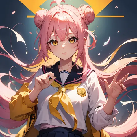 Yellow eyes, pink hair with buns, school uniform, kitsune features