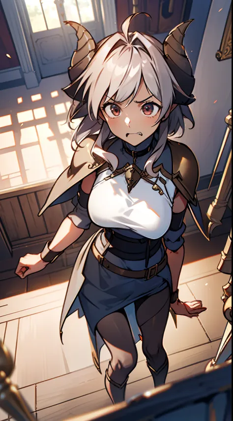 1girl 20 years,solo,((angry)),(((brown skin))),black and golden short armor,medium tits,white hair,short hair,red eyes,elves ears,black horns,black pantyhose,waist cape,Detailed,(((standing in front of a room inside a castle))),hd,masterpiece,8k