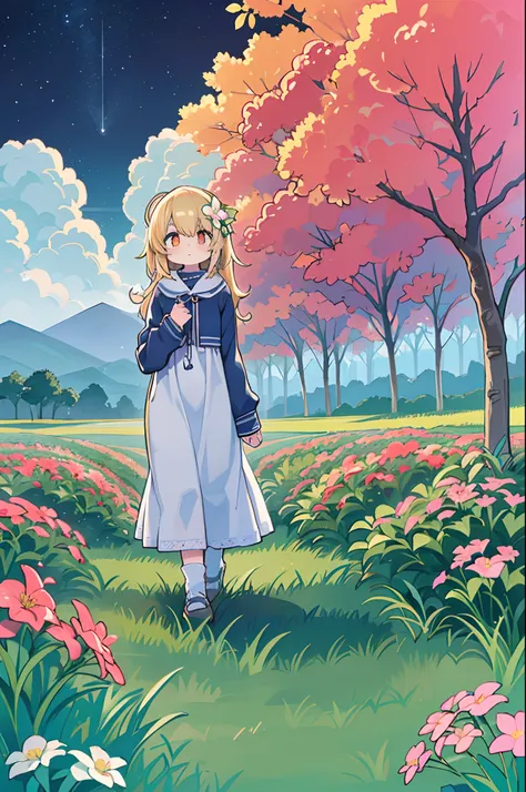 There is a girl standing in a flower field and looking up at the sky, Girl Standing In A Flower Garden, girl walking in flower field, Lost in Dreamy Wonderland, stands in a flowering field, Awesome digital painting, Sky is Xu々It will be sunny to, Starry sk...