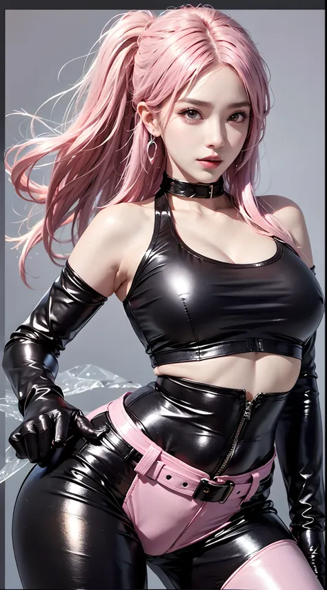 photorealistic, high resolution, 1women, mature female, solo, hips up,k/da_kaisa,jewelry, earrings, makeup, bare shoulders, crop top, black crop top, collarbone, collar, shiny clothes, detached sleeves, crystals, gloves, elbow gloves, single fingerless glo...