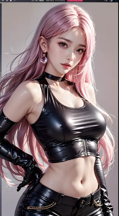 photorealistic, high resolution, 1women, mature female, solo, hips up,k/da_kaisa,jewelry, earrings, makeup, bare shoulders, crop top, black crop top, collarbone, collar, shiny clothes, detached sleeves, crystals, gloves, elbow gloves, single fingerless glo...