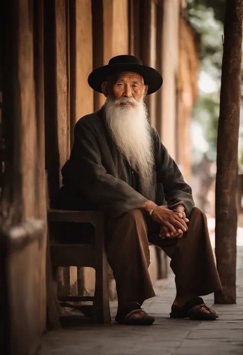 arafed man with a long beard and a hat sitting on a bench, Wise old man, An old man, portrait photo of an old man, old man, Asian people, old man portrait, an 80 year old man, old male, peaceful expression, Perfectly centered portrait, photo of a man, chin...