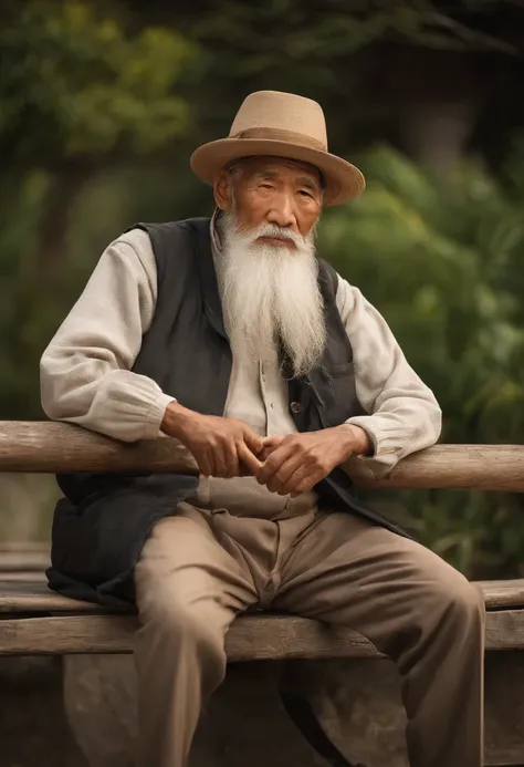 arafed man with a long beard and a hat sitting on a bench, Wise old man, An old man, portrait photo of an old man, old man, Asian people, old man portrait, an 80 year old man, old male, peaceful expression, Perfectly centered portrait, photo of a man, chin...