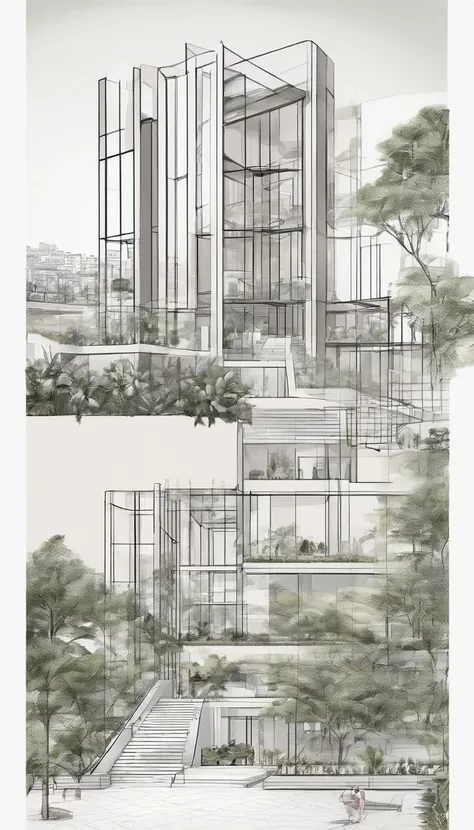 plans and Perspective, hotel style minimalist, seven-floor building, Moc Chau, Viet Nam, 11.5m width, 34m length, best quality, ultra-detailed, realistic:1.37, fine details, spacious lobby, clean and modern aesthetic, large panoramic windows, natural light...