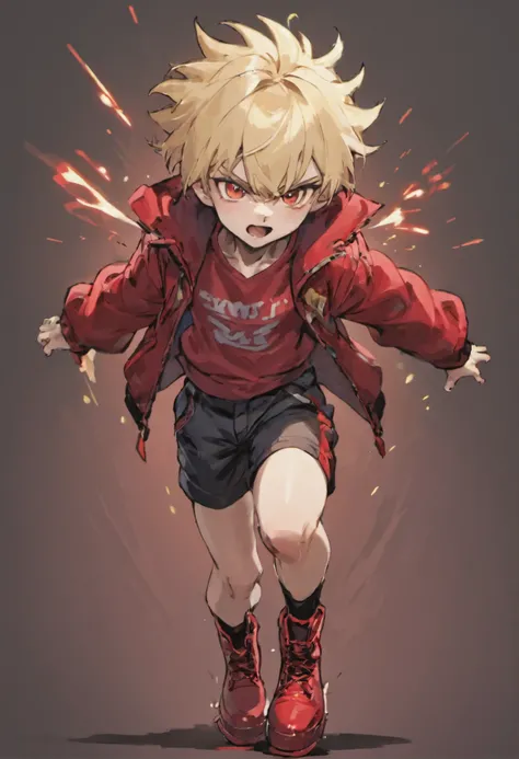 Petite boy with blonde hair、Have slightly longer hair。Wearing a red jacket、Wearing short pants。Shoes are wearing red boots。