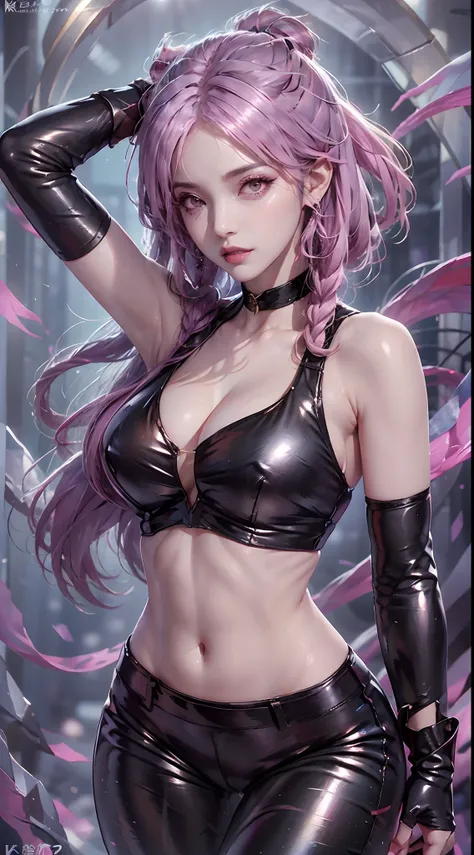 photorealistic, high resolution, 1women, mature female, solo, hips up,k/da_kaisa,jewelry, earrings, makeup, bare shoulders, crop top, black crop top, collarbone, collar, shiny clothes, detached sleeves, crystals, gloves, elbow gloves, single fingerless glo...