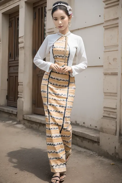 MMTD Burmese patterned traditional dress lady full body details