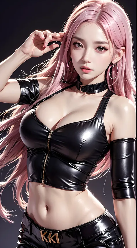 photorealistic, high resolution, 1women, mature female, solo, hips up,k/da_kaisa,jewelry, earrings, makeup, bare shoulders, crop top, black crop top, collarbone, collar, shiny clothes, detached sleeves, crystals, gloves, elbow gloves, single fingerless glo...