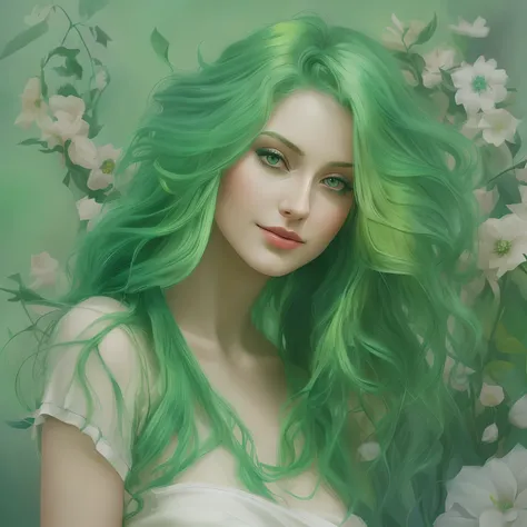 Green haired woman with long hair and blue eyes in front of a floral background, gorgeous digital painting, beautiful digital painting, painting of beautiful, elegant digital painting, digital art oil painting, airbrush digital oil painting, beautiful port...