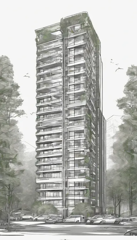 hotel style minimalist, seven-floor building, forest style, green energy, friendly with natural, area is 11.5m width, 34m length, best quality, ultra-detailed,natural lighting, monochromatic color scheme, neutral tones, realistic:1.37, vertical gardens