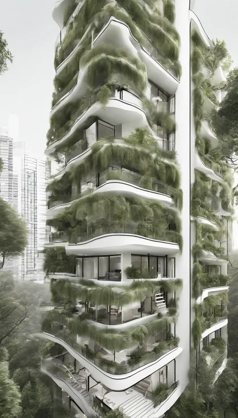 hotel style minimalist, seven-floor building, forest style, green energy, friendly with natural, area is 11.5m width, 34m length, best quality, ultra-detailed,natural lighting, monochromatic color scheme, neutral tones, realistic:1.37, vertical gardens