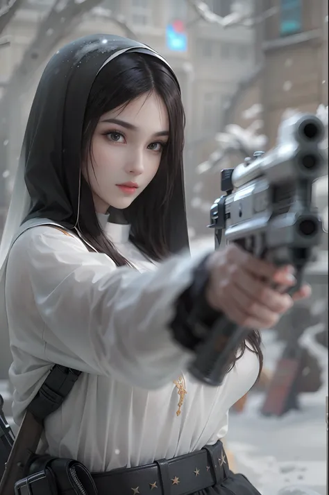 Photorealistic, high resolution, Beautiful tall woman, Solo, Hips up, view the viewer, (Detailed face),Black color hair, Long hair, Young nun costume, Stockings，Snow background, Girl aiming AK-47 assault rifle