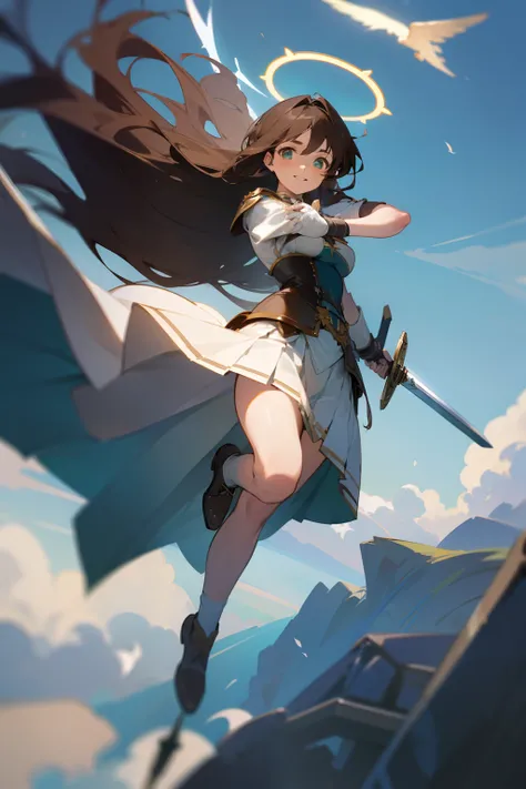 brown hair, long hair, white skirt,pleated mini skirt, flipping skirt, blue corset,breastplate, 8K, masterpiece, wing,halo,big breast, full body, scenery, 1 girl, moody lighting, depth of field,overturning, smile, green eyes, holding sword