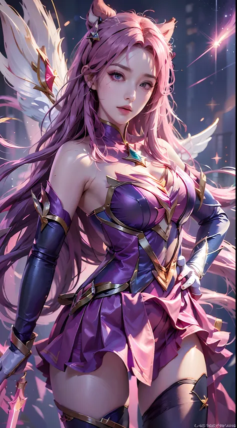 photorealistic, high resolution, 1women, mature female, solo, hips up,purple eyes, kaisasg, star guardian (league of legends), pink hair, gloves, long hair, thighhighs, skirt, elbow gloves, hand on hip, bare shoulders, solo, wings, white gloves, breasts, p...