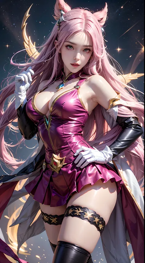 photorealistic, high resolution, 1women, mature female, solo, hips up,purple eyes, kaisasg, star guardian (league of legends), pink hair, gloves, long hair, thighhighs, skirt, elbow gloves, hand on hip, bare shoulders, solo, wings, white gloves, breasts, p...