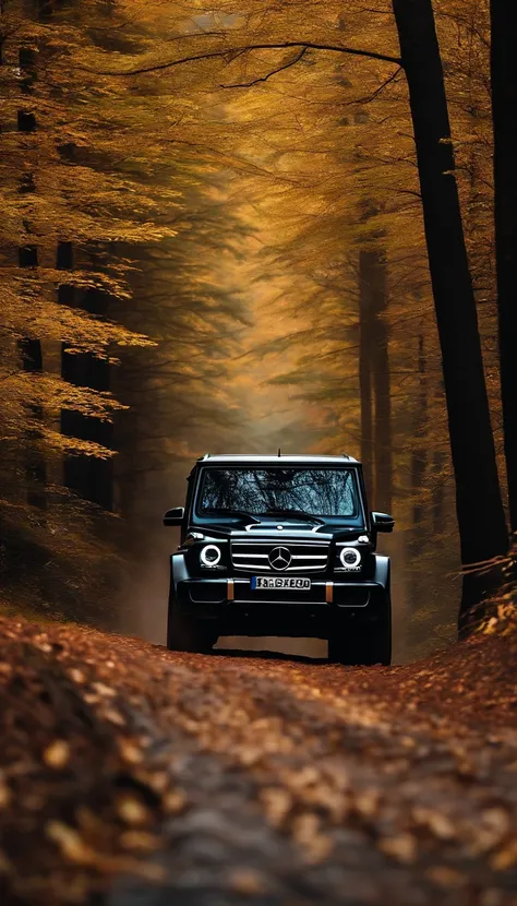 ultra-realistic image，Forest Road，Drive a Mercedes-Benz G off-road SUV