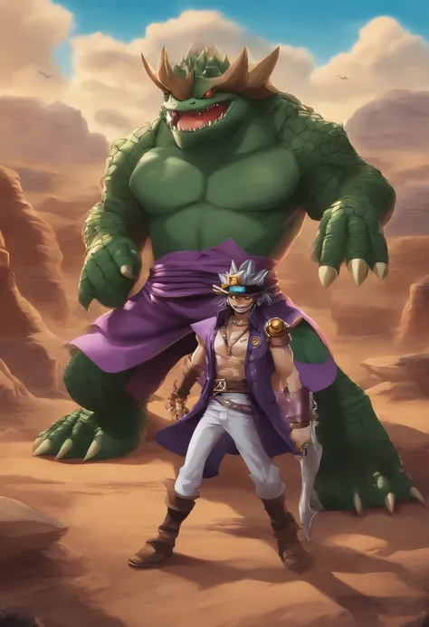 criar um papel de parede em FHD com meus personagens favoritos de animes: "Desert King" Sir Crocodile de ONE PIECE + Warbandit de MEDABOTS, Gengar de pokémon, Illaoi de League of Legends