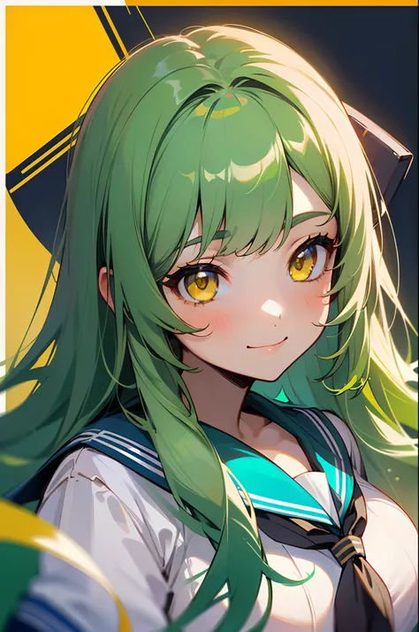 ((girl with、hi-school girl、Sailor Uniform、long green hair:1.5、straight haired、shairband:1.5、Yellow eyes、A slight smil、big breasts))