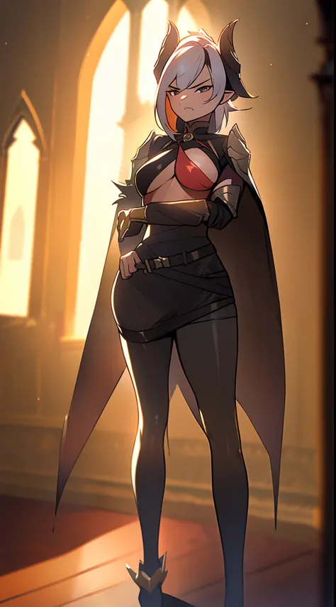 1girl 20 years,solo,((angry)),(((brown skin))),black and golden short armor,medium tits,white hair,short hair,red eyes,elves ears,black horns,black pantyhose,waist cape,Detailed,(((standing in front of a room inside a castle))),hd,masterpiece,8k