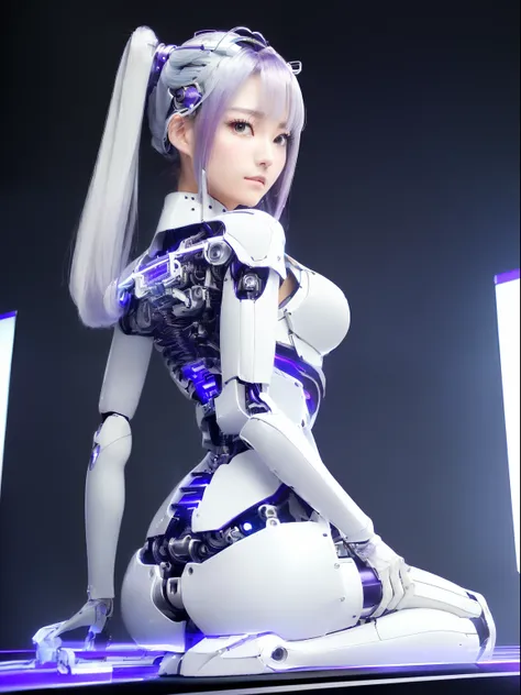 ((masutepiece)), ((top-quality), high quarity、ultra-definition, Realistic,  fulcolor 、One beautiful robot woman、Joints of machines、Frame of the machine、Thick wire joints、Casual dress white porcelain armor、(Curvaceous face)、deadpan、Purple straight hair、Wide...