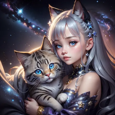 Cute with a cat motif　Lots of silver stars and rivers twinkling　Glitter and seductive　Galaxy like a jewel box　You can also see large galaxies and the Milky Way　shine　beautful view　Cute cat-eared girl