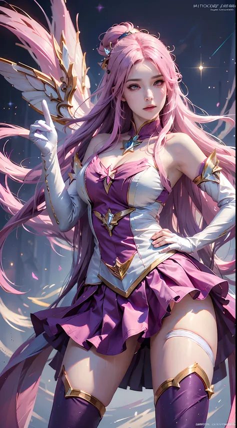 photorealistic, high resolution, 1women, mature female, solo, hips up,purple eyes, kaisasg, star guardian (league of legends), p...