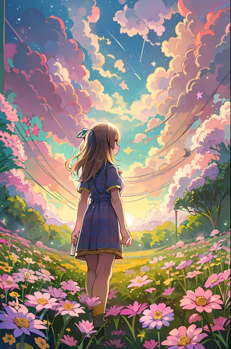 There is a girl standing in a flower field and looking up at the sky, Girl Standing In A Flower Garden, girl walking in flower field, Lost in Dreamy Wonderland, stands in a flowering field, Awesome digital painting, Sky is Xu々It will be sunny to, Starry sk...