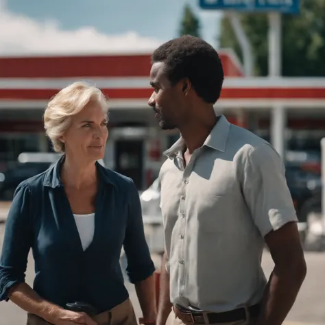 reporter interviewed man at a gas station during the day