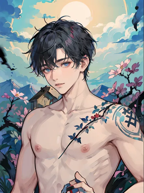 1boy,10 talents、(Mans :2) ,Handsome boy,A dark-haired、tattooed、(Upper body naked:1.5)、Knives、bath robe、mid night 、Japanese garden、ink and watercolor painting、Chinese charactersa、dark ilumination、hightquality、masutepiece,8K,NSFW,