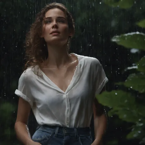 (best quality, masterpiece:1.2, highres, realistic:1.4), raining, girl in a garden, white shirt, torn jeans, white sneakers, raindrops, soaked, dimly lit, darkness, despair, empathy, impoverished, cinematic, tears, teardrops, (torn clothes:1.5), (wet cloth...