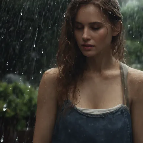 (best quality, masterpiece:1.2, highres, realistic:1.4), raining, girl in a garden, white shirt, torn jeans, white sneakers, raindrops, soaked, dimly lit, darkness, despair, empathy, impoverished, cinematic, tears, teardrops, (torn clothes:1.5), (wet cloth...