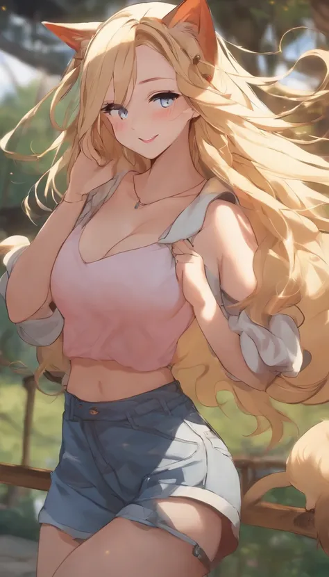 One girl,with dynamism, Spirited, cheerful big breasts，(((Laughing))), Long hair, Cat ear hairpins, (hoody), Moe Sleeves, denim short, (Blonde), Outdoors, Attention on Girls，Dance。