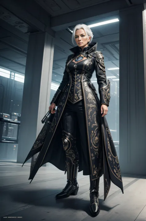 tmasterpiece，best qualtiy，ultra - detailed，very detailed illustration，The is very detailed，Complicated details，A high resolution，Very detailed 8k CG wallpaper，Handsome，An old lady，Futuristic clothing，Wear futuristic shoes，There is a sense of design，Sci-fi ...