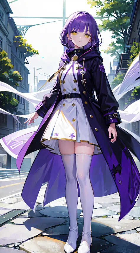 (Realistic:1.2),One girl,Purple hair, hair over shoulders, Parted bangs, Yellow eyes, Bright pupils,stare,White wool coat with hood, white ankle boots, Black stockings,Purple flowers in the background,Lush green garden,Soft sunlight,tranquil ambiance