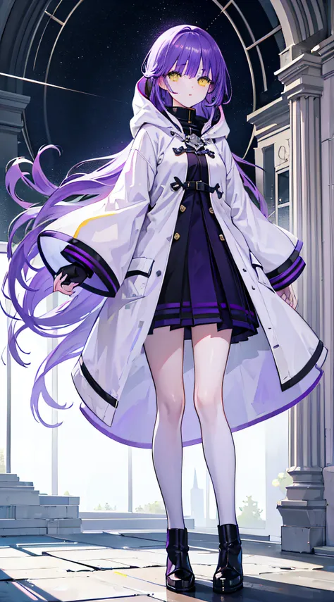 (Realistic:1.2),One girl,Purple hair, hair over shoulders, Parted bangs, Yellow eyes, Bright pupils,stare,White wool coat with hood, white ankle boots, Black stockings,Purple flowers in the background,Lush green garden,Soft sunlight,tranquil ambiance