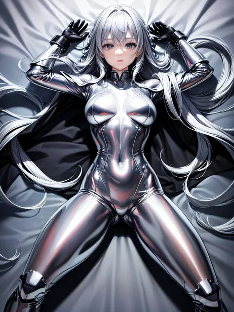 8K UHD、Silver Shiny Silver Full Body Rider Suit、Silver hair、Nostalgic beauty、Silver latex slider suit with hidden skin luster