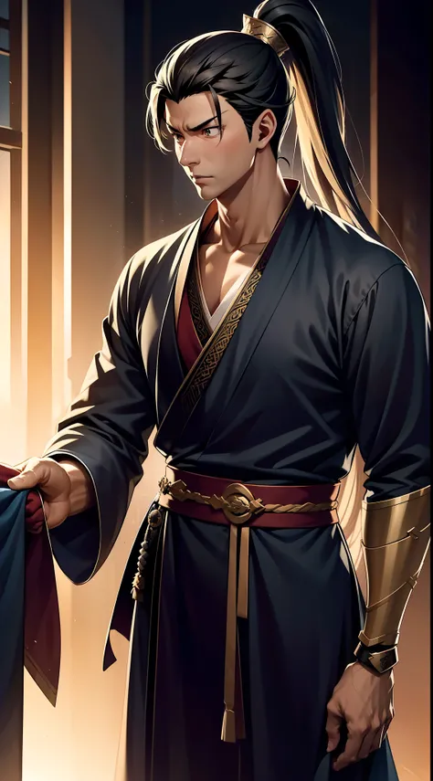 quadratic element，style of anime，mtu（Male Warrior），The proportions are correct，Face details，swordsmen，High ponytail hairstyle，Neck details，There is an Adams apple，Black Hanfu，kaftan，black toga，clothes details，Handing over，longer sleeves，Game quality，Swords...