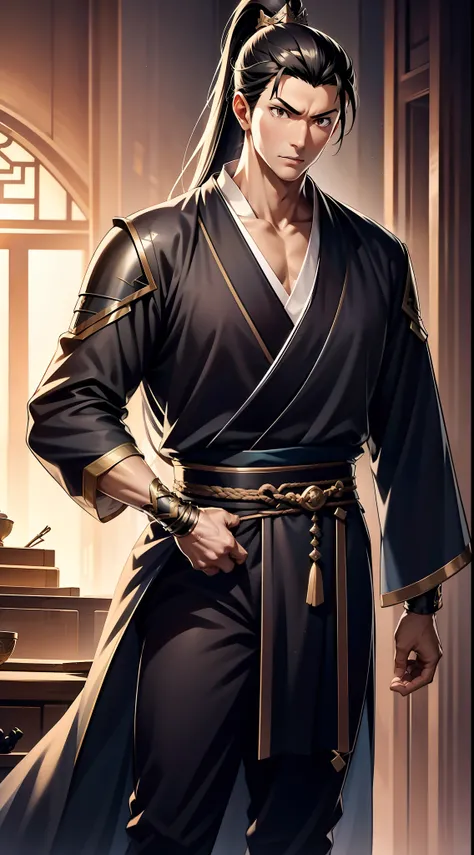 quadratic element，style of anime，mtu（Male Warrior），The proportions are correct，Face details，swordsmen，High ponytail hairstyle，Neck details，There is an Adams apple，Black Hanfu，kaftan，black toga，clothes details，Handing over，longer sleeves，Game quality，Swords...