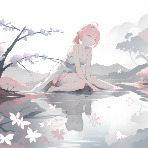 masterpiece, best quality, ultra-detailed, illustration, 1girl, solo,((sitting in the shallow water, surrounded by pink sakura petals floating on the water)), butterfly, wisteria, electricity, blue sky, cloudy sky,(large breasts), ((eye focus)), expression...