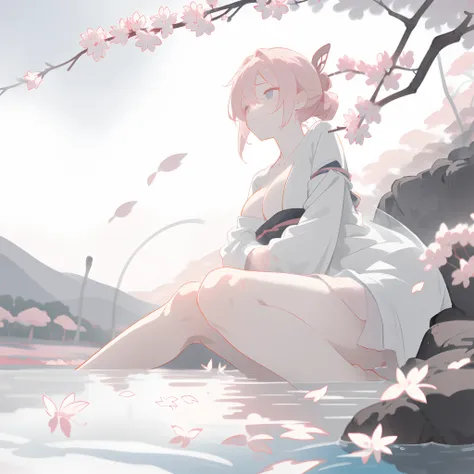 masterpiece, best quality, ultra-detailed, illustration, 1girl, solo,((sitting in the shallow water, surrounded by pink sakura petals floating on the water)), butterfly, wisteria, electricity, blue sky, cloudy sky,(large breasts), ((eye focus)), expression...