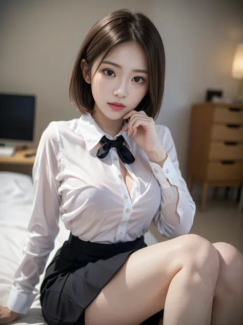 hightquality、 ​masterpiece、 独奏、 Beautuful Women、Beautiful delicate face、Beautiful delicate eyes、cute  face、 (photographrealistic:1.3)、(one length bob:1.3)、(Beautiful woman with perfect body:1.4)、Studio Lighting、 (High Detail Skins:1.2)、 physically-based re...