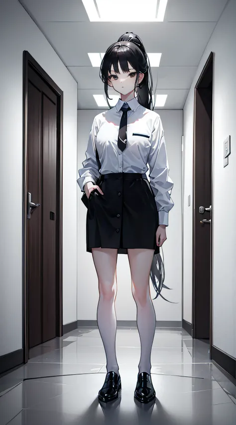 Black hair girl with black eyes, While wearing a white Business suits, Standing in the doorway. she has a ponytail，Long hair ran down her back. white stockings，Black ankle boots. The image should be of the best quality, The resolution is 4K, 8K, or higher....