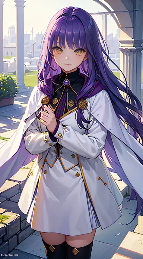 (Best quality,Ultra-detailed,Photorealistic:1.2),1 girl,Purple hair,Shoulder-length hair,Separate the bangs, Yellow eyes,shiny pupils, Focus the gaze, White wool coat with hood, white ankle boots, Black knee-high socks, Purple flowers in the background, Lu...