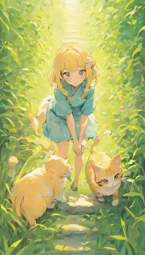 Cats（（Stay with the cat１.５））、full body Esbian、girl with、
(PastelColors:1.5)、(Cute illustration:1.5)、(watercolor paiting:1.2)、Green grass