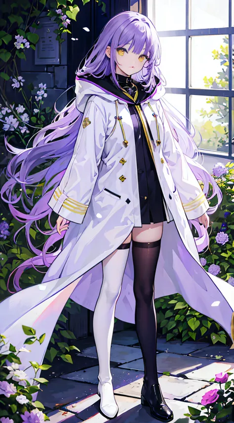 (Realistic:1.2),One girl,Purple hair, hair over shoulders, Parted bangs, Yellow eyes, Bright pupils,stare,White wool coat with hood, white ankle boots, Black stockings,Purple flowers in the background,Lush green garden,Soft sunlight,tranquil ambiance